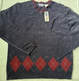 Vintage Navy UNITED V-Neck Chenille Sweater Red Argyle Pattern Deadstock NWT M